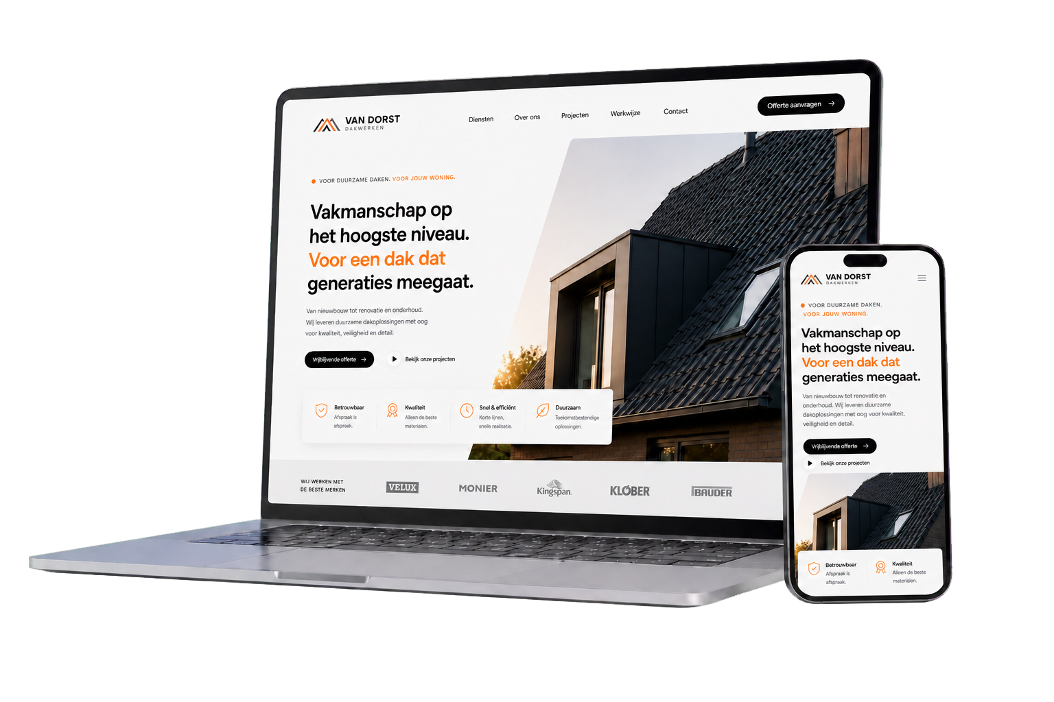 Vrijstaande premium laptop en realistische iPhone met het responsive Van Dorst Dakwerken-webdesign