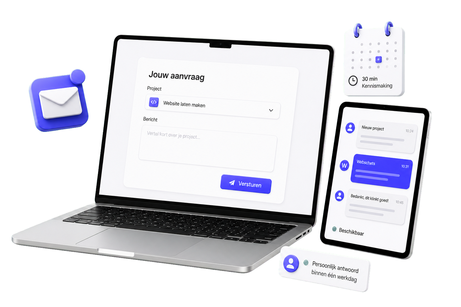 Een Webschets-projectaanvraag, persoonlijk gesprek en kennismakingsmoment weergegeven op laptop en tablet