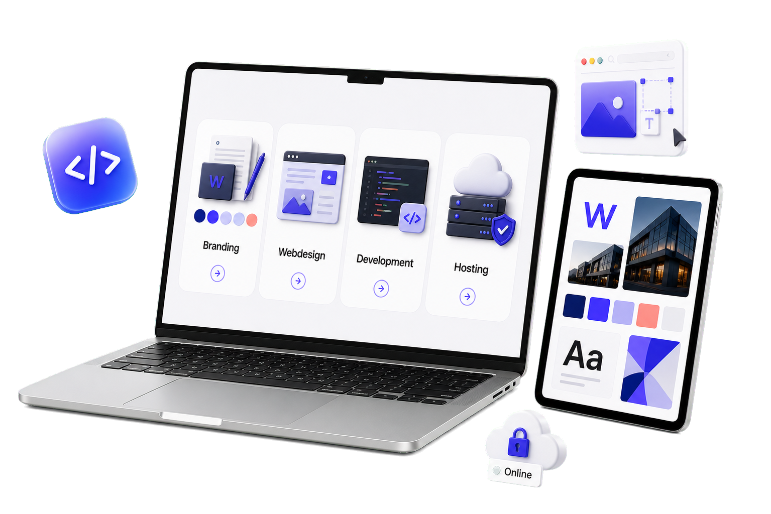 Webschets diensten voor branding, webdesign, development en hosting weergegeven op laptop en tablet