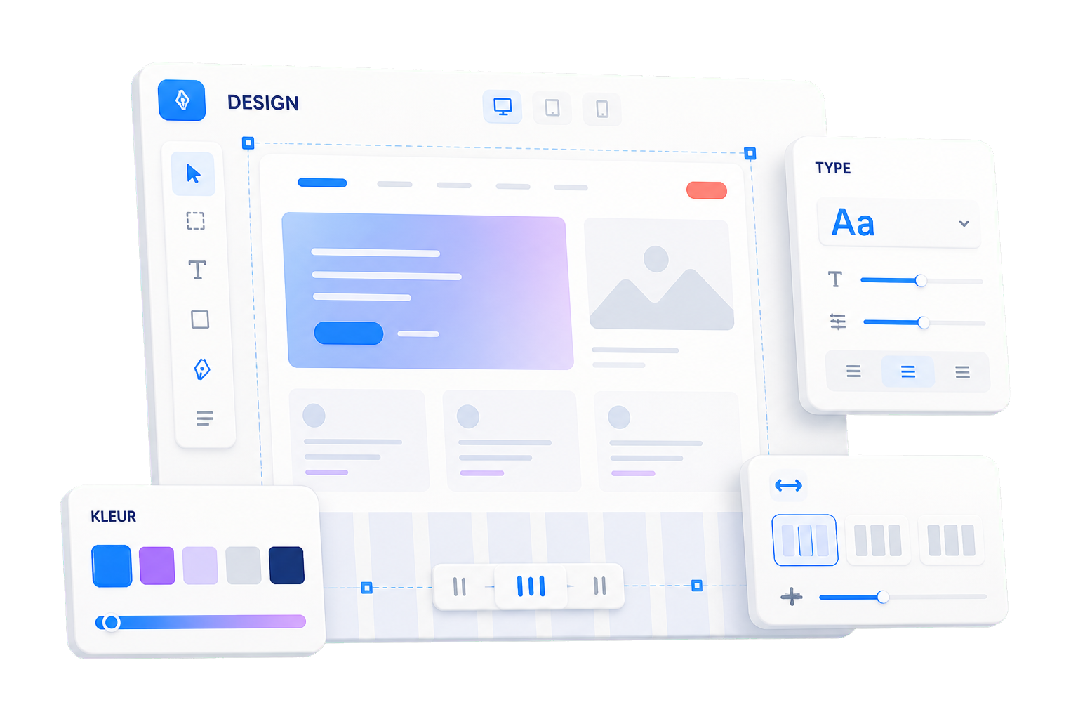 Webdesigninterface met kleur-, typografie- en responsive instellingen