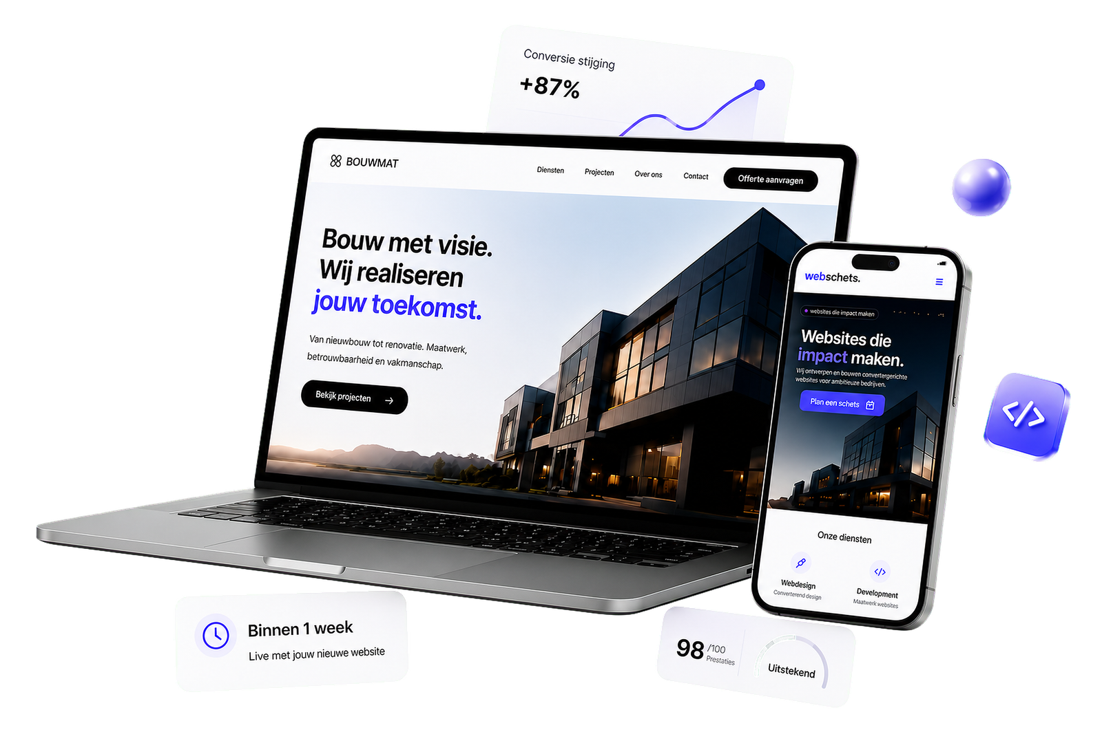 Vrijstaande Webschets website-mockup op laptop en telefoon voor Bouwmat