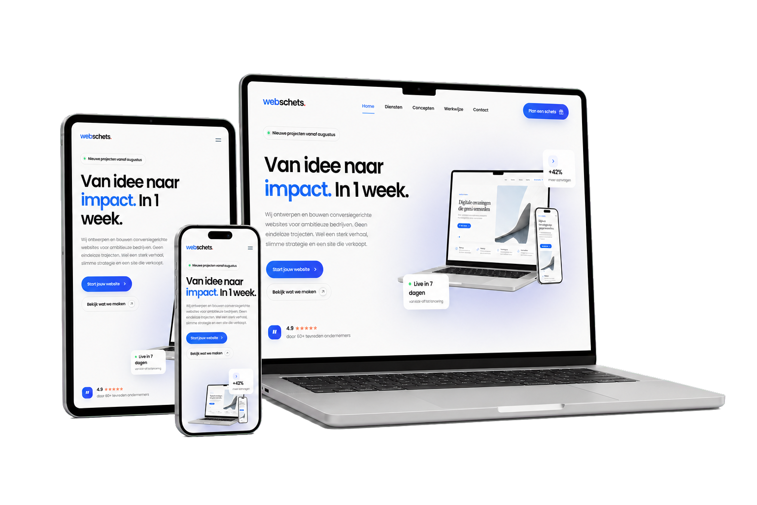 De Webschets-homepage responsive weergegeven op een linksgerichte MacBook Pro, iPad Pro en iPhone 16 Pro