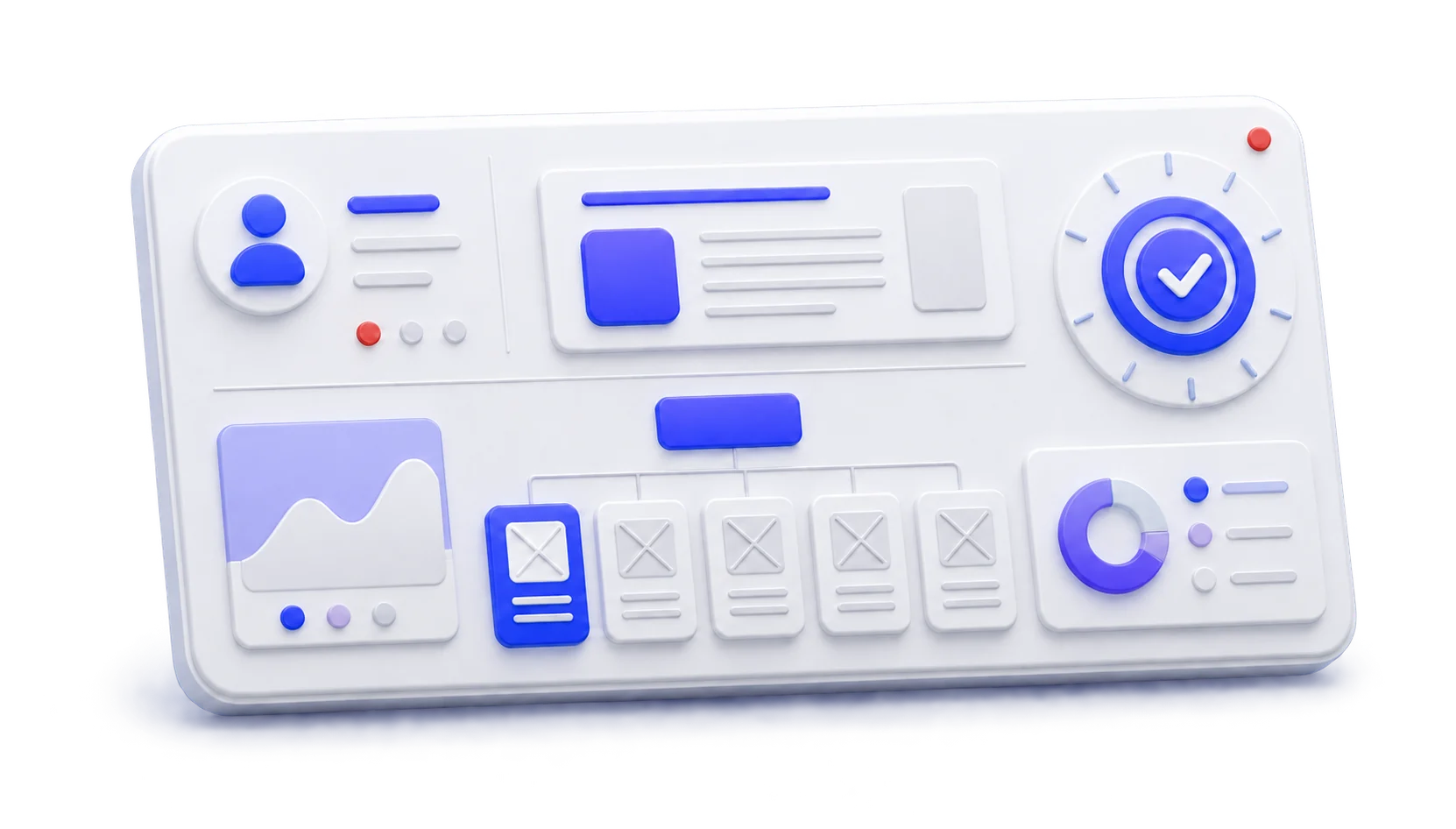 3D strategie- en contentdashboard met doelgroep, paginastructuur en conversiedoel